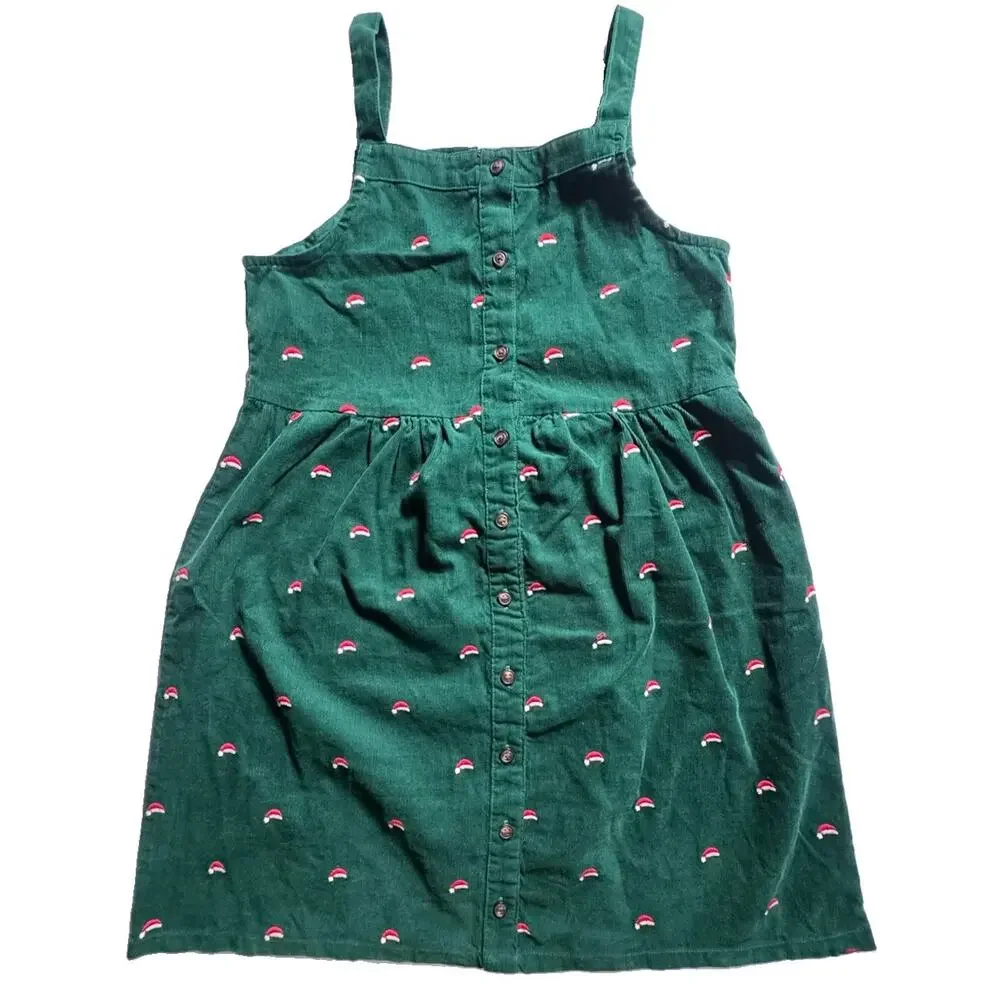 Gymboree Girls Size 12 Christmas Dress Green Corduroy Santa Hat Embroidered